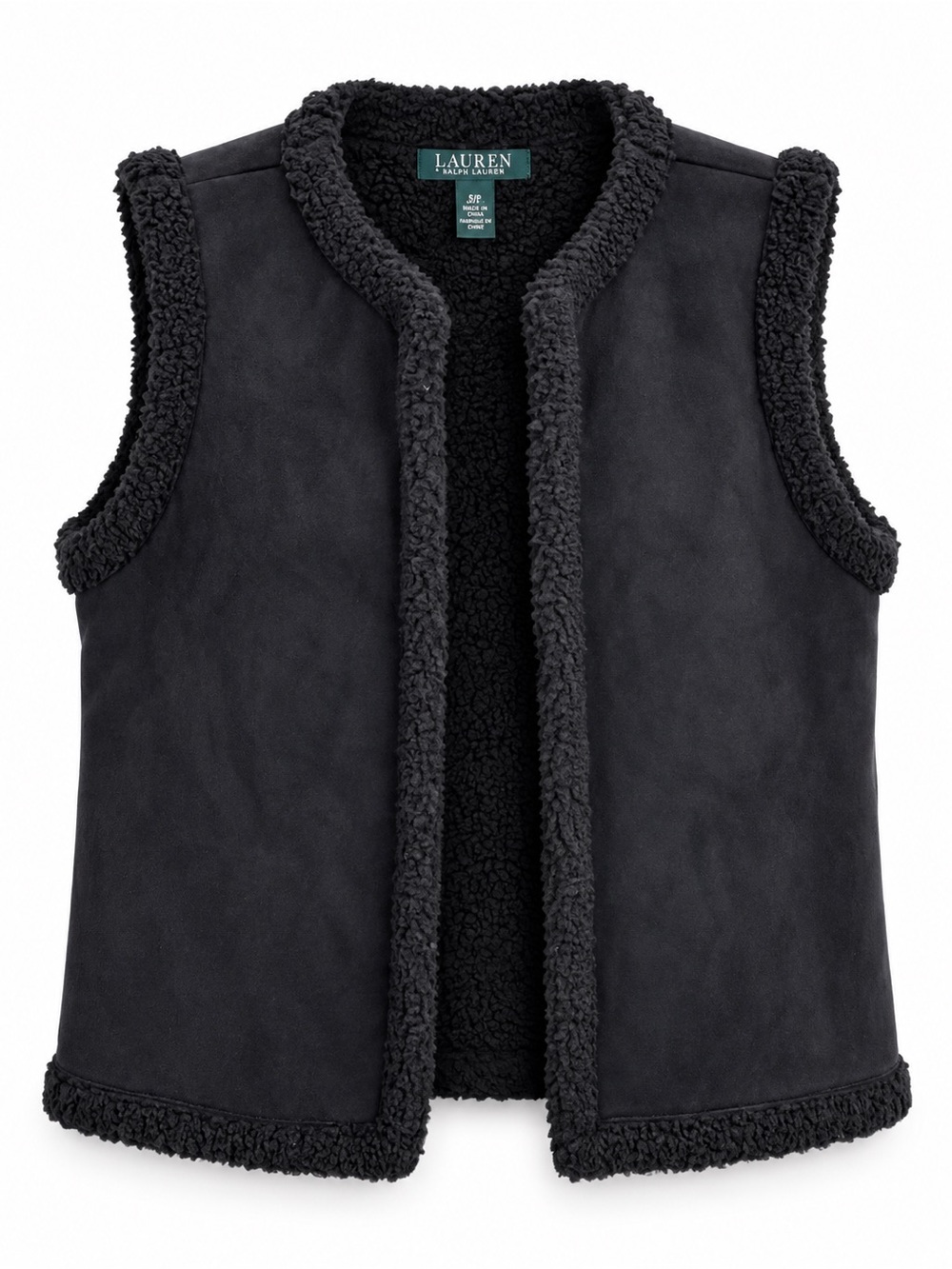 Lauren Ralph Lauren Black Faux Suede Sherpa Lined Vest Womens Petite Medium